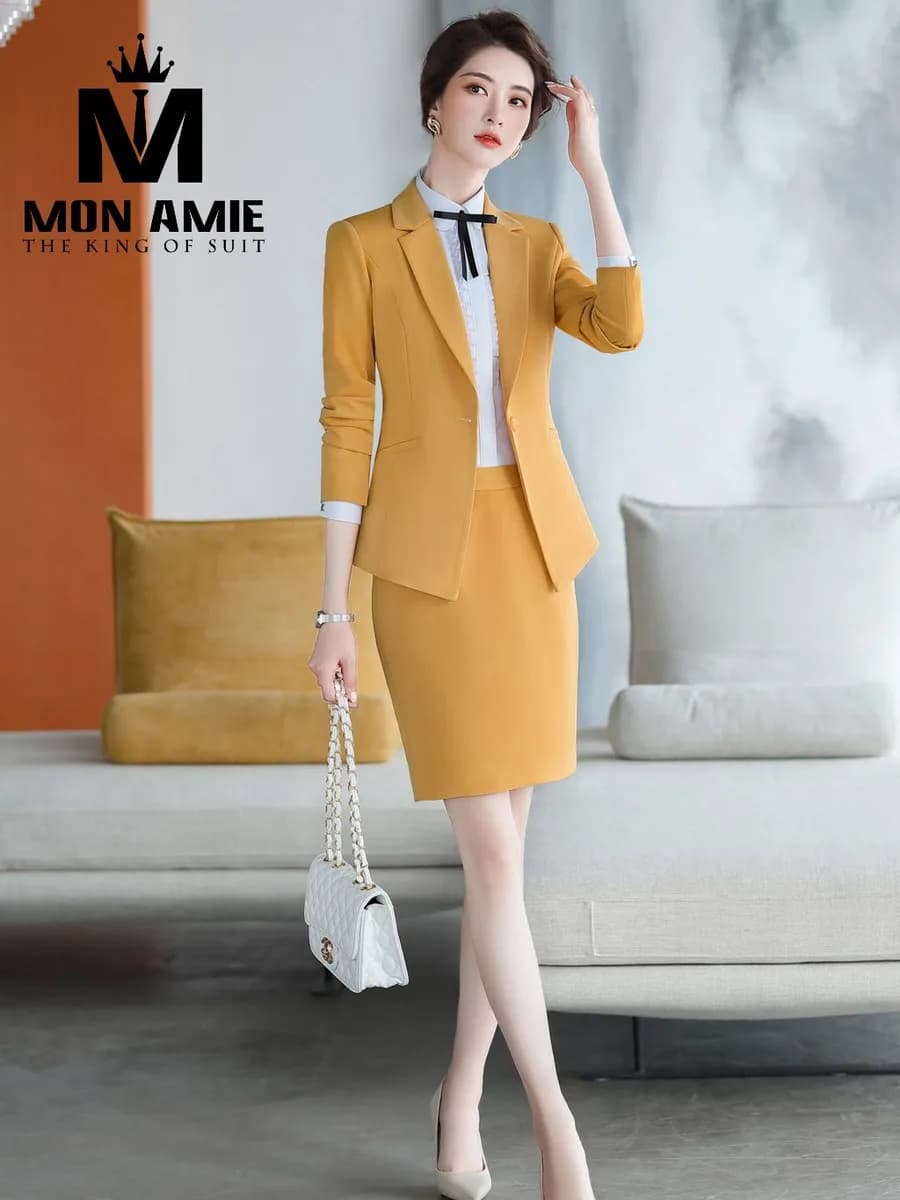 Suit Nữ Vàng Mù Tạt Chân Váy Ôm Một Nút