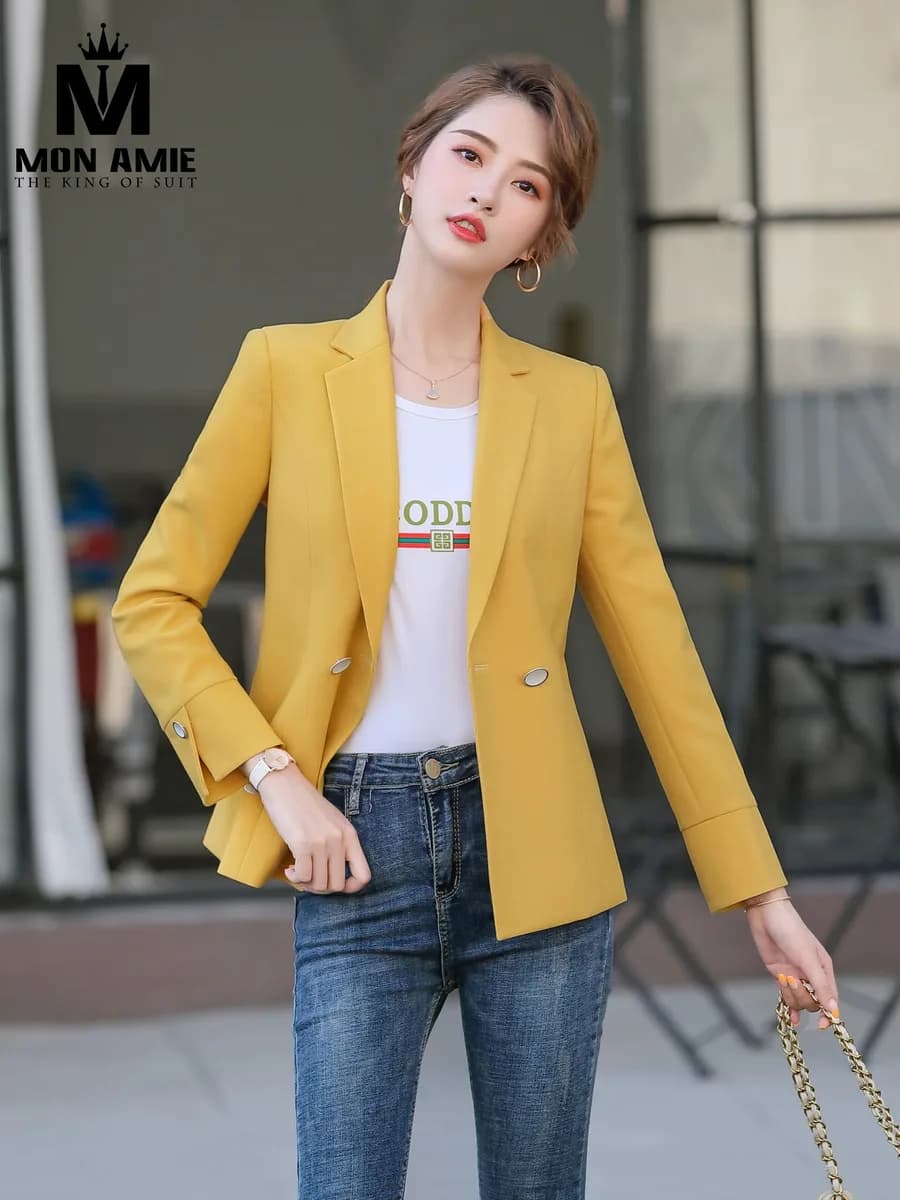 Áo Vest Nữ Vàng Nghệ Tay Dài Cổ Tay Lật Hai Cúc