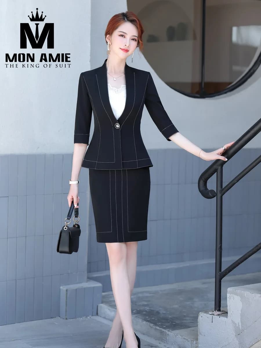 Suit Nữ Đen Chỉ Nổi Cổ V Tay Lửng Chân Váy Bút Chì