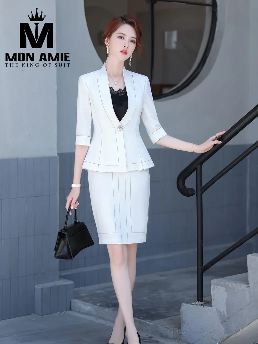 Suit Nữ Trắng Chỉ Nổi Đen Cổ V Tay Lửng Chân Váy Ôm