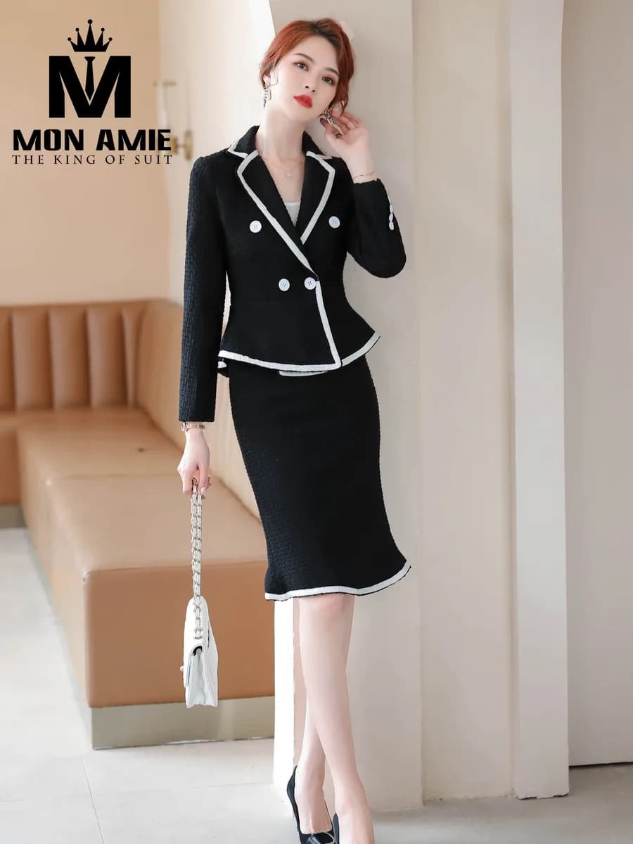 Suit Nữ Tweed Đen Viền Trắng Váy Đuôi Cá Hai Hàng Cúc