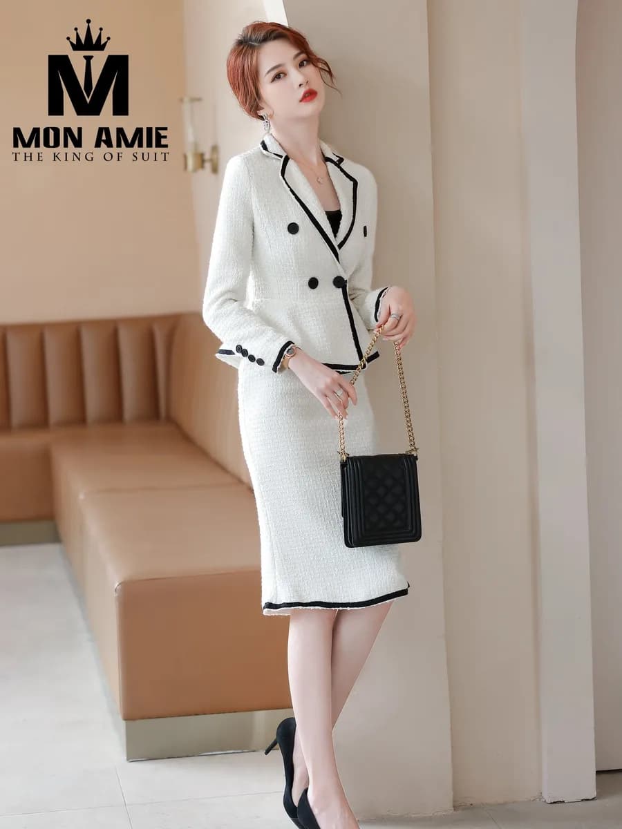 Suit Nữ Tweed Trắng Kem Viền Đen Váy Bút Chì Cúc Đen