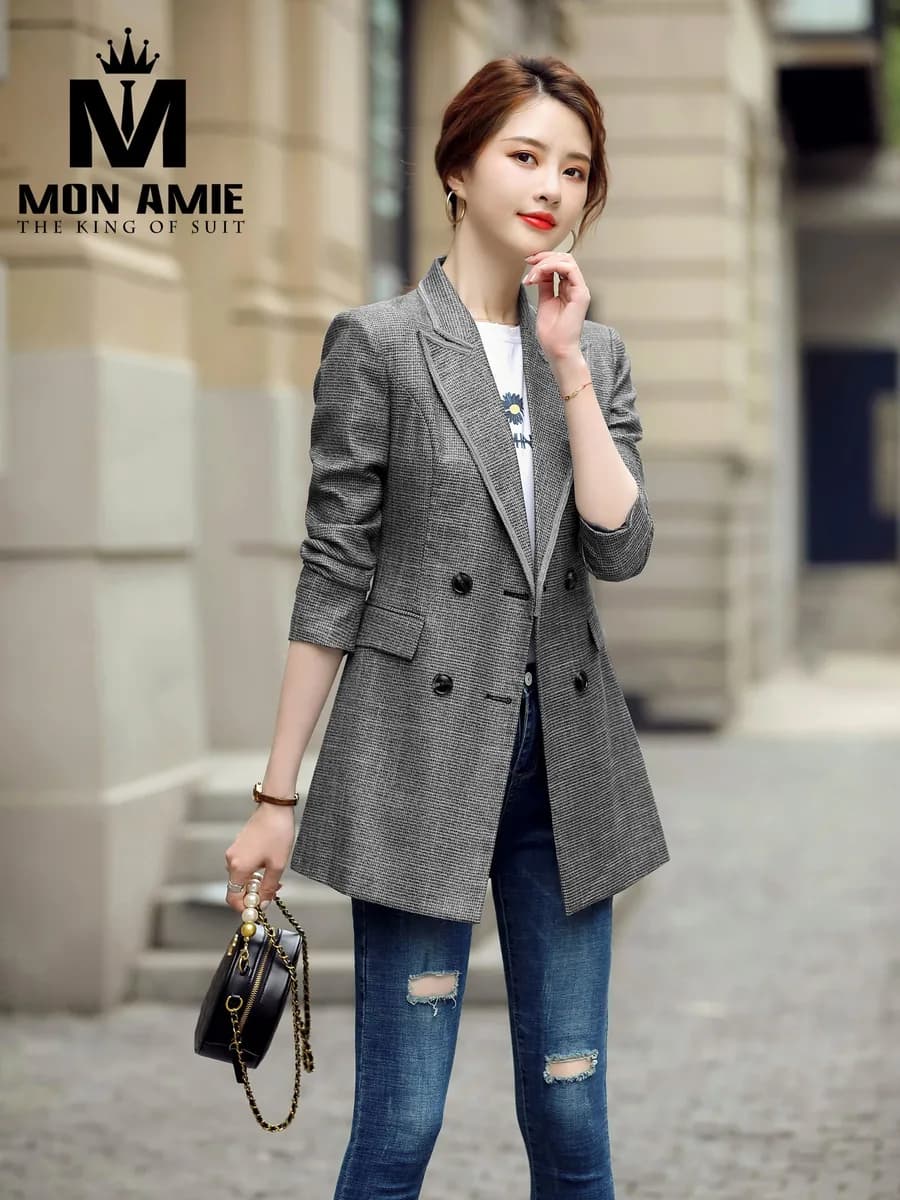 Blazer Nữ Xám Ánh Chì Hai Hàng Khuy Ve Viền