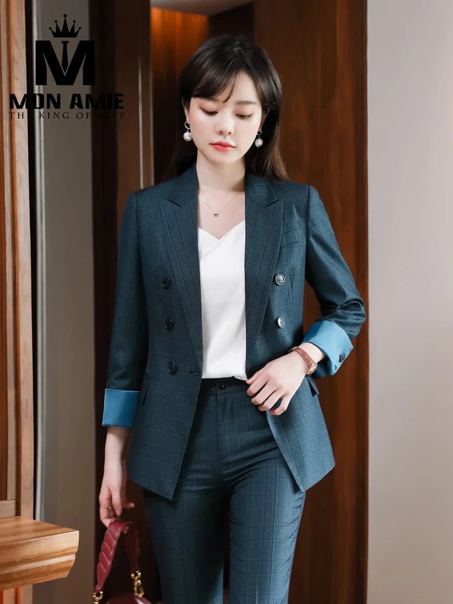 Suit Nữ Xanh Petrol Kẻ Ô Tối Hai Hàng Khuy Lót Xanh