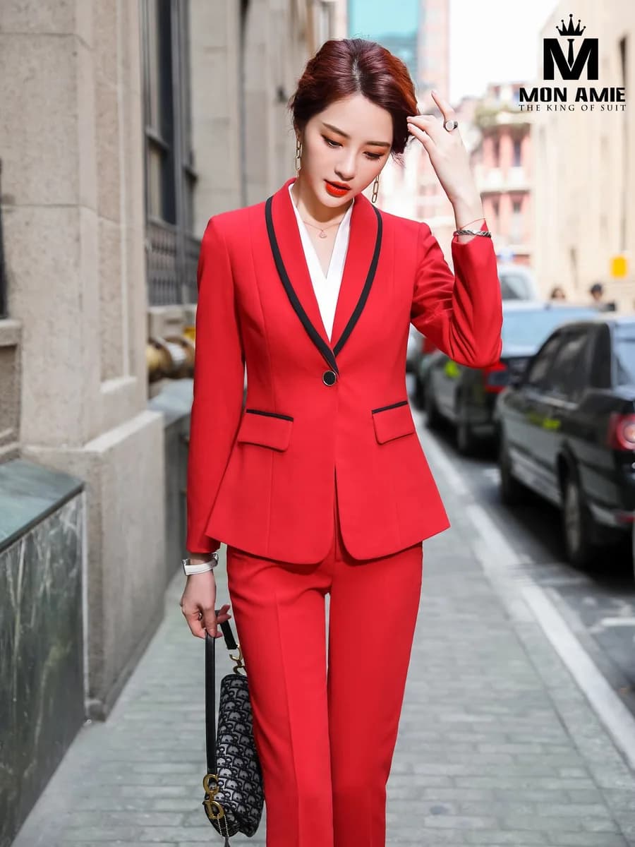 Suit Nữ Đỏ Viền Đen Ve Sam Quần Ống Đứng