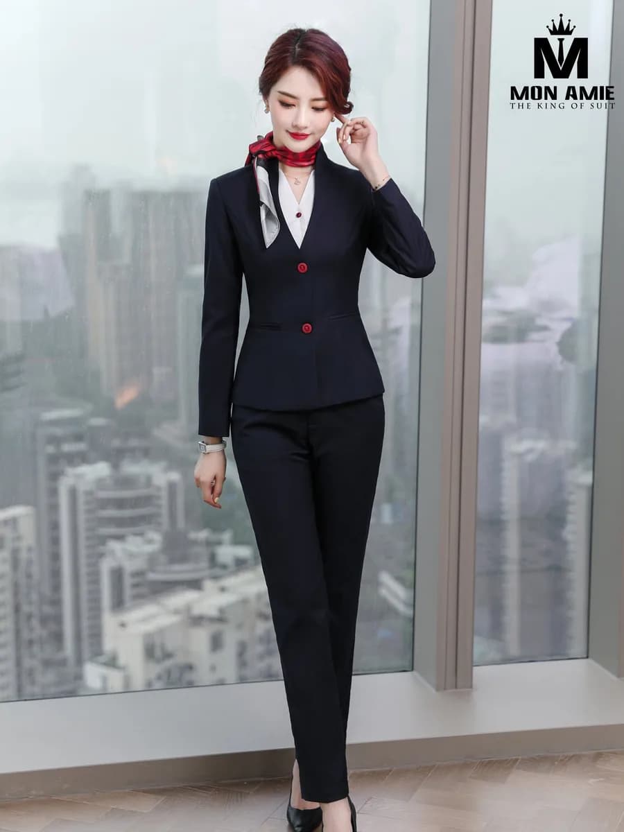 Suit Nữ Xanh Navy Đậm Cổ V Hai Nút Đỏ Quần Ống Đứng