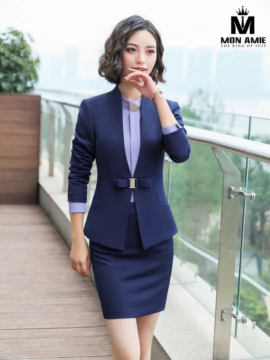 Suit Nữ Xanh Navy Đai Nơ Khóa Vàng Chân Váy Ôm