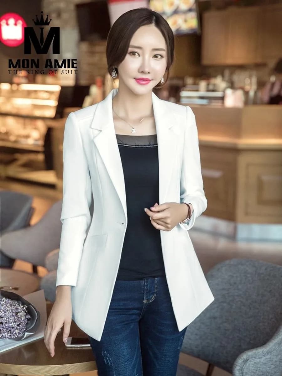 Blazer Nữ Trắng Một Nút Dáng Dài Ve Bẻ