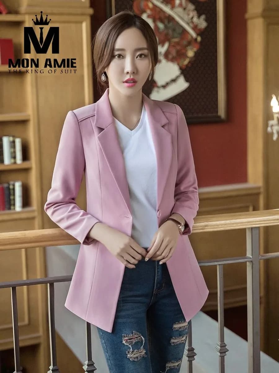 Blazer Nữ Hồng Phấn Ve Bẻ Nhẹ Dáng Suông Dài