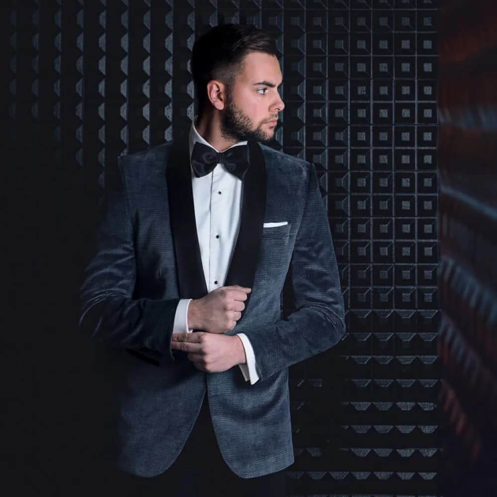 Tuxedo Xám Xanh Than Nhung Kẻ Ve Shawl Satin Đen