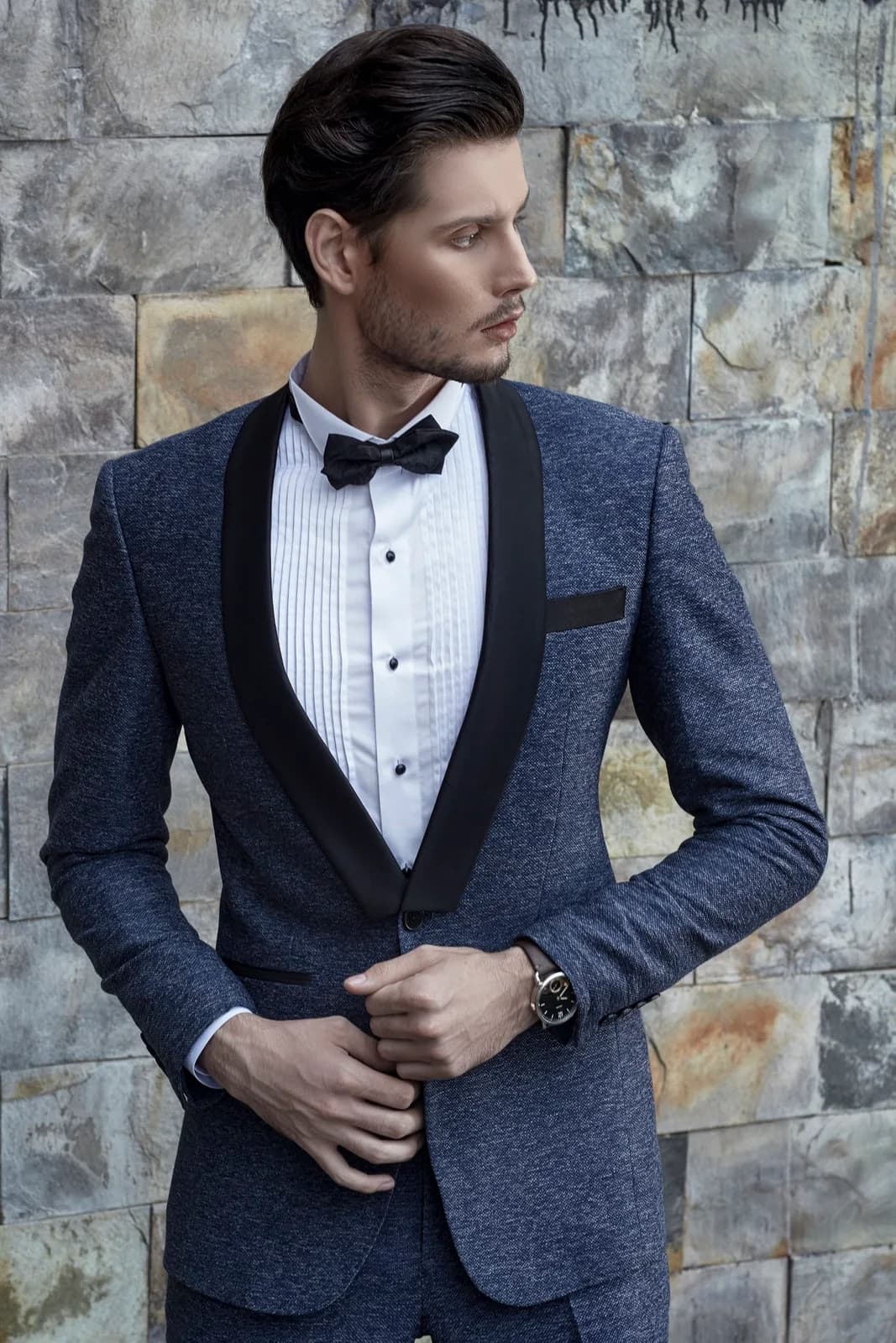Tuxedo Xanh Navy Tweed Melange Ve Shawl Đen Bản Lớn