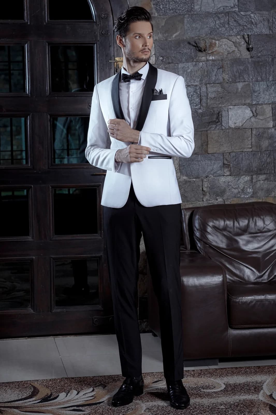 Tuxedo Trắng Một Khuy Ve Shawl Satin Đen Quần Đen