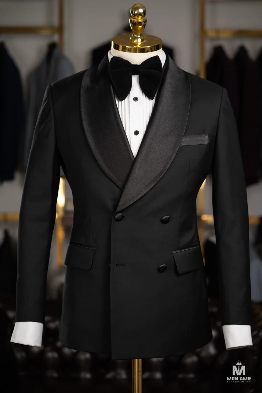 Tuxedo Đen Hai Hàng Ve Shawl Bản Lớn Túi Nắp Viền Satin
