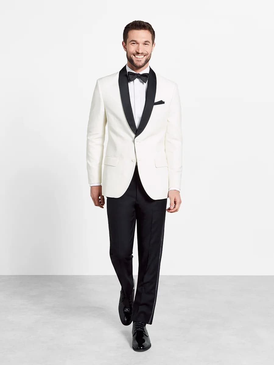 Tuxedo Trắng Ngà Hai Khuy Ve Shawl Đen Nơ Chấm Bi