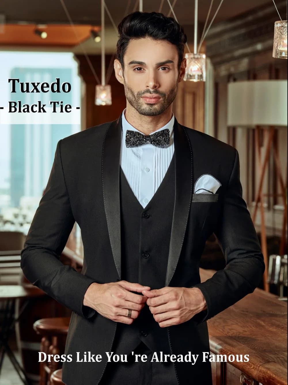 Tuxedo Đen Dệt Nổi Ve Shawl Gilê Cổ V Nơ Đá Lấp Lánh