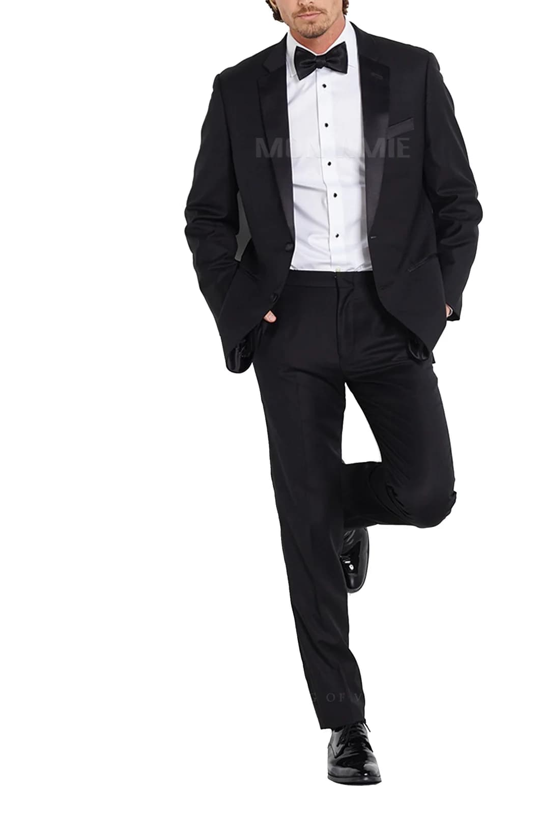 Tuxedo Đen Hai Cúc Ve Khía Bọc Satin Nơ Đen