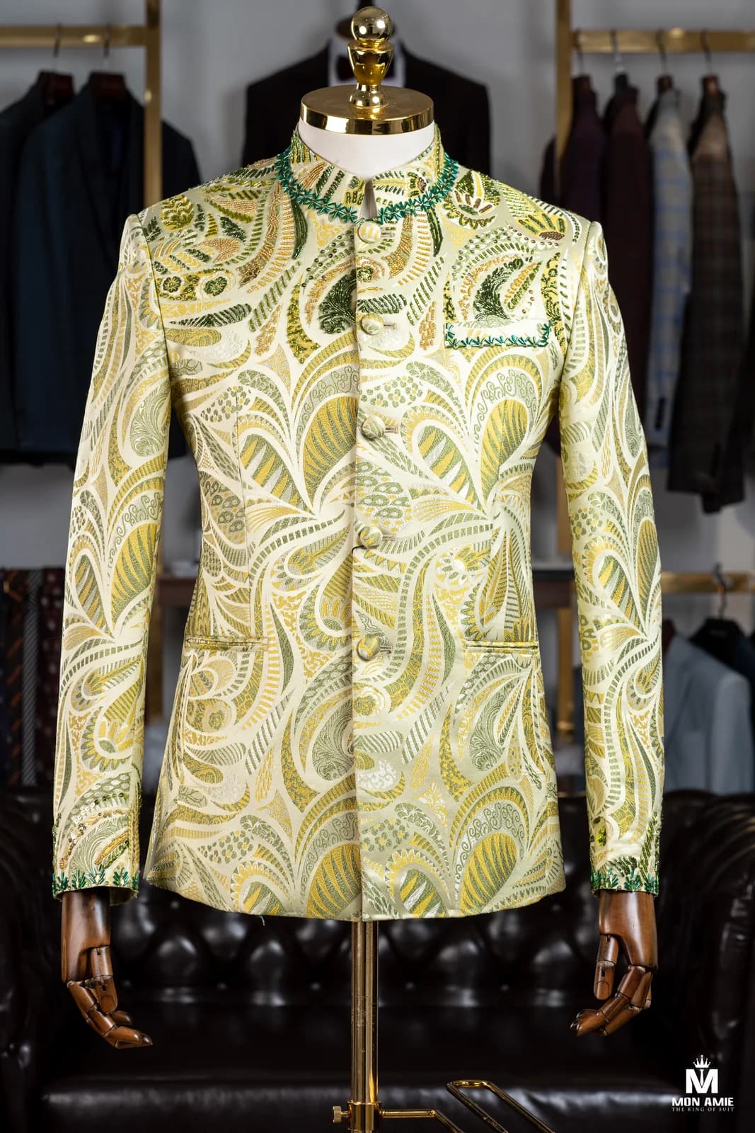 Áo Cổ Trụ Jacquard Xanh Lá Kem Đính Cườm Ngọc