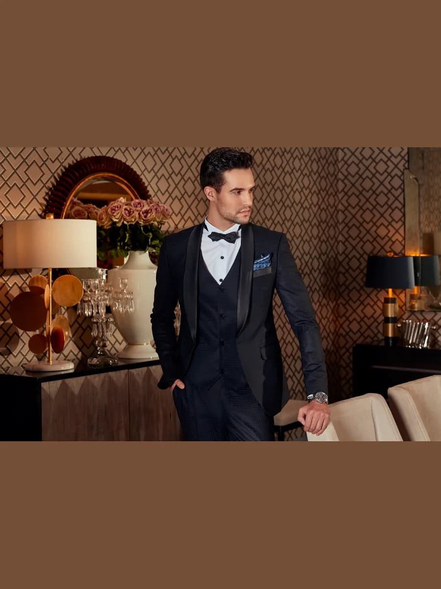 Tuxedo Đen Ánh Navy Ô Vuông Nổi Ve Shawl Gilê Ba Lớp