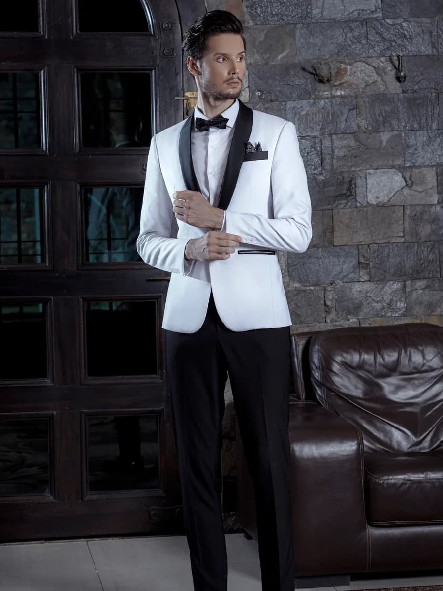 Tuxedo Trắng Một Khuy Ve Shawl Satin Đen Quần Đen