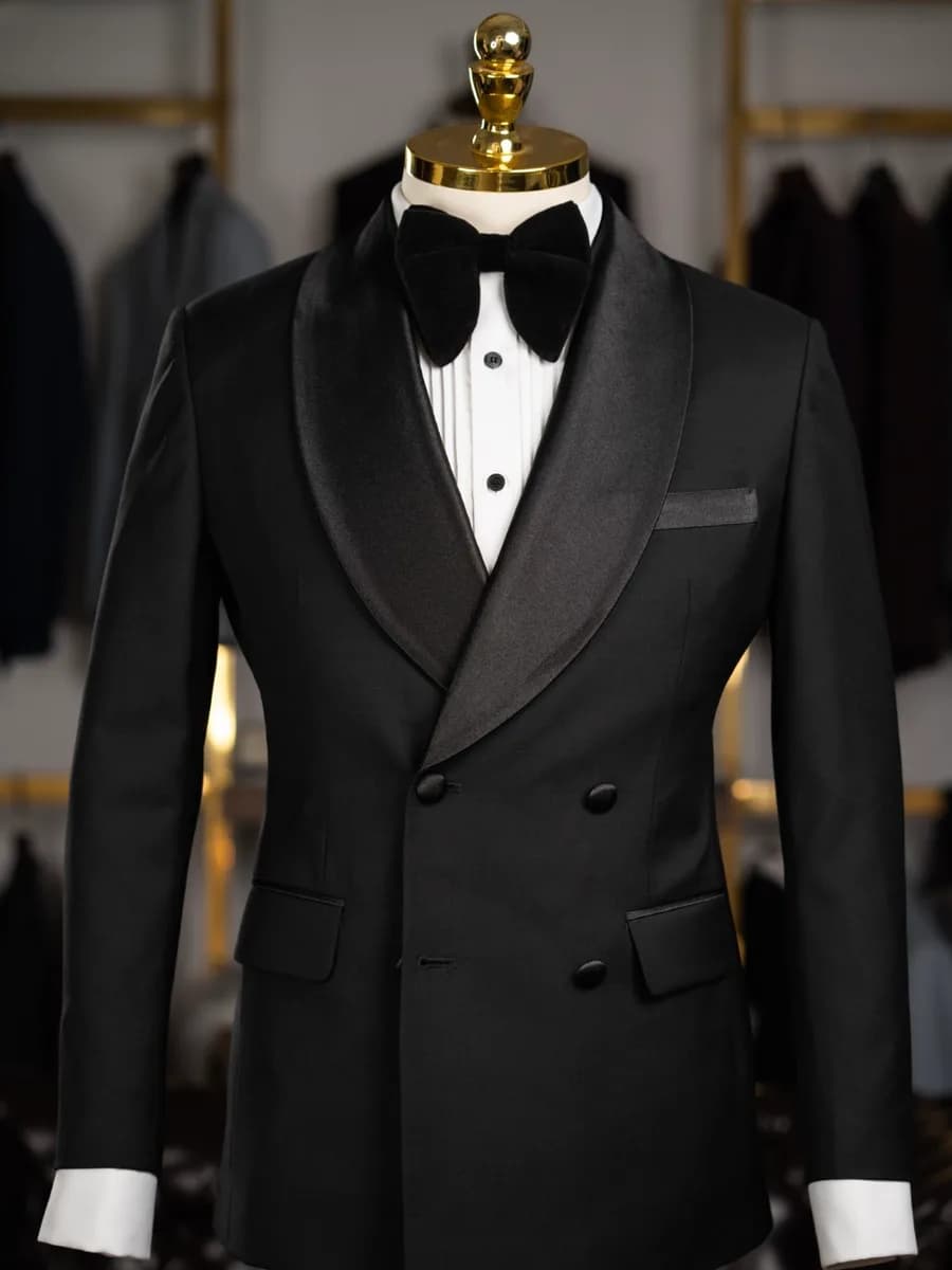Tuxedo Đen Hai Hàng Ve Shawl Bản Lớn Túi Nắp Viền Satin