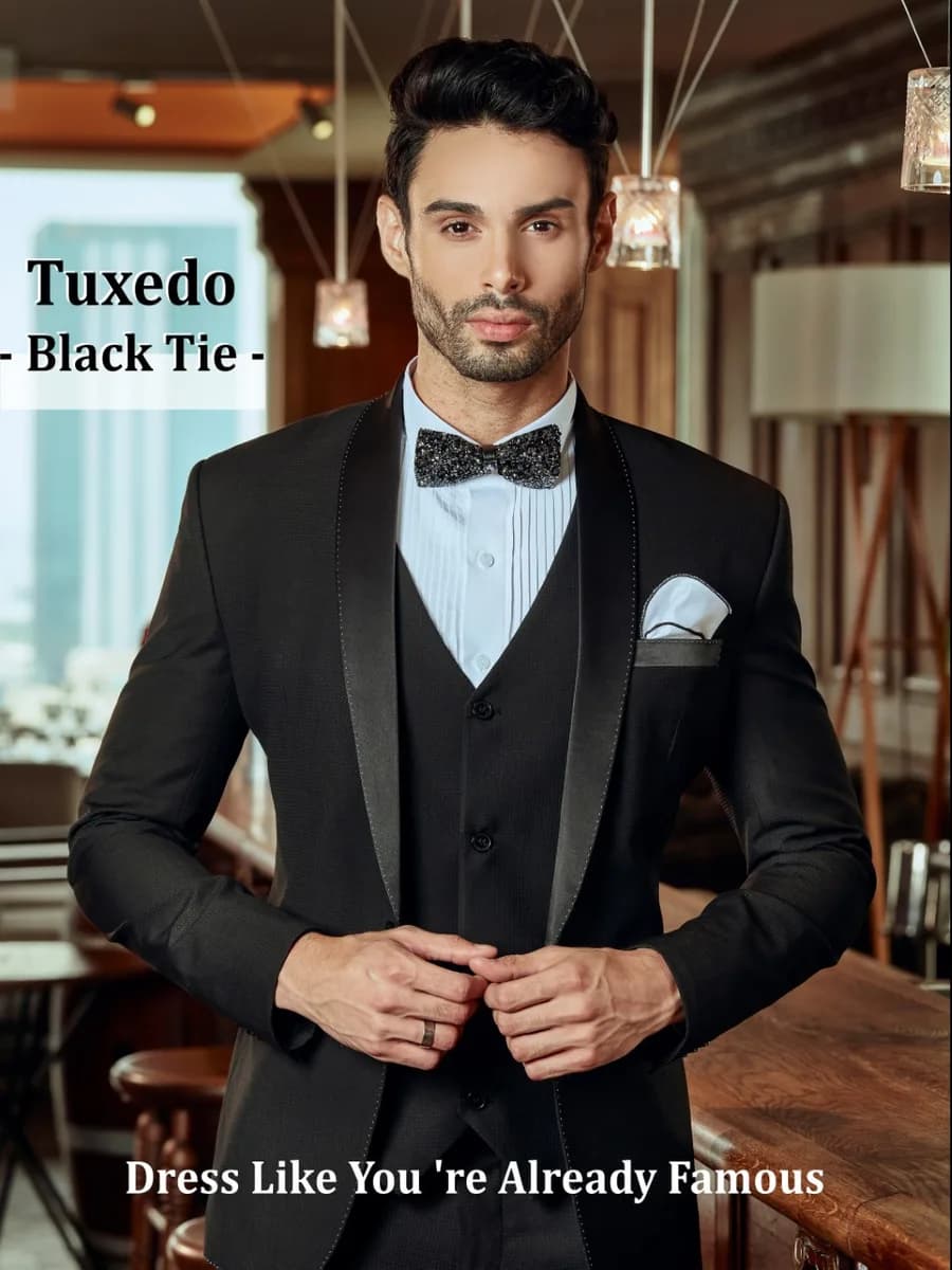 Tuxedo Đen Dệt Nổi Ve Shawl Gilê Cổ V Nơ Đá Lấp Lánh