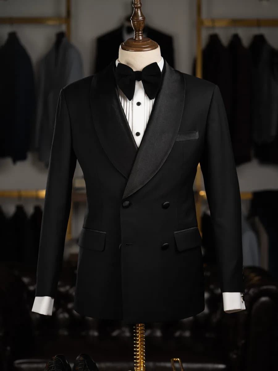 Tuxedo Đen Hai Hàng Nút Ve Shawl Satin