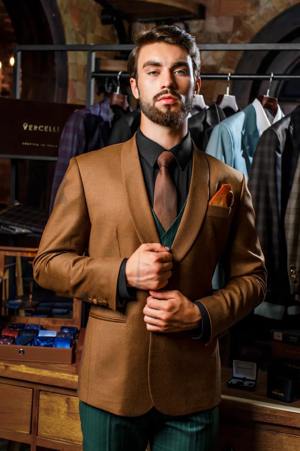 Áo vest nâu caramel, gile xanh rêu, cà vạt nâu, khăn cài túi cam