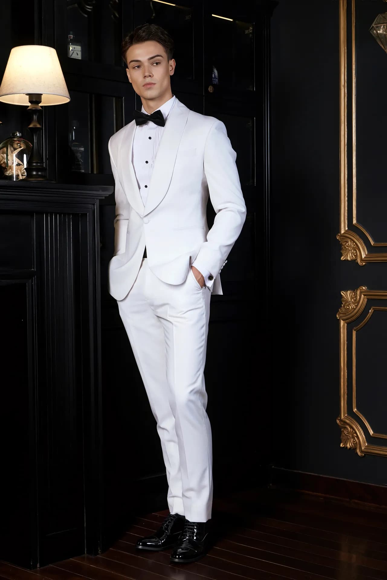 Tuxedo trắng ba mảnh, nơ đen, đứng toàn thân giữa phòng tối cổ điển