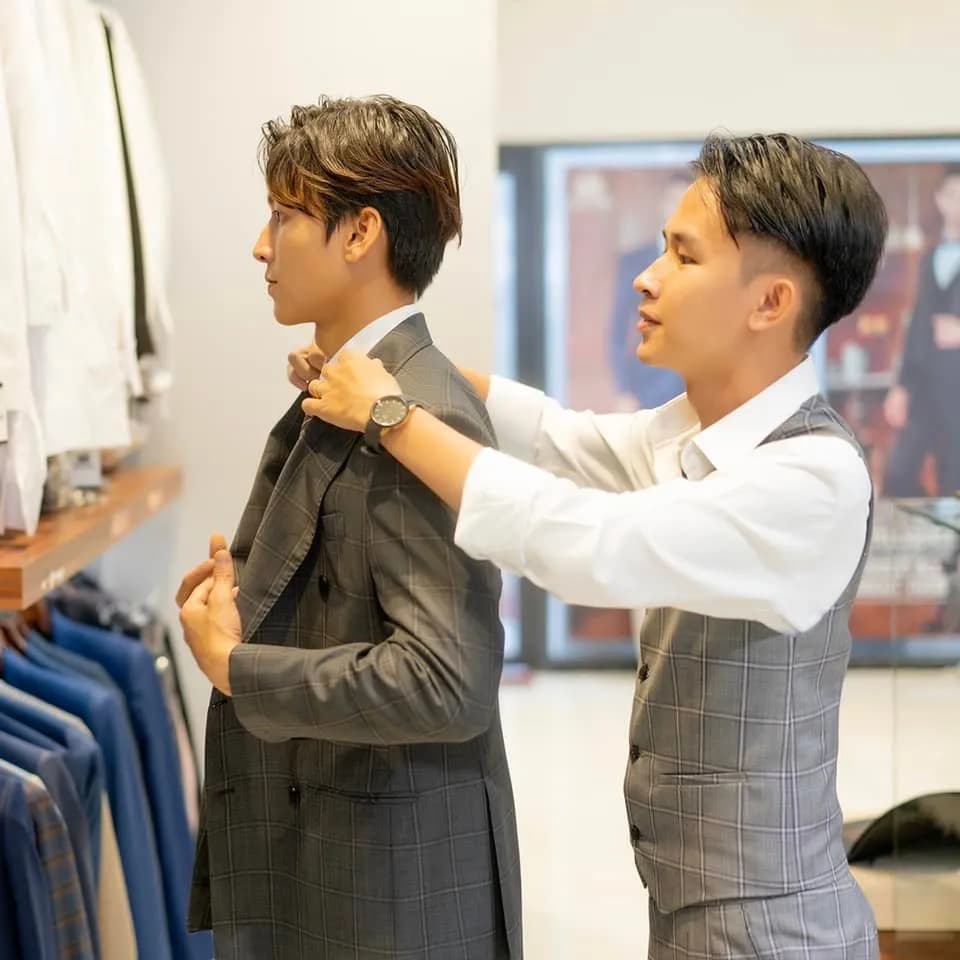 Thợ may chỉnh cổ áo vest xám ca-rô hai hàng cho người mẫu