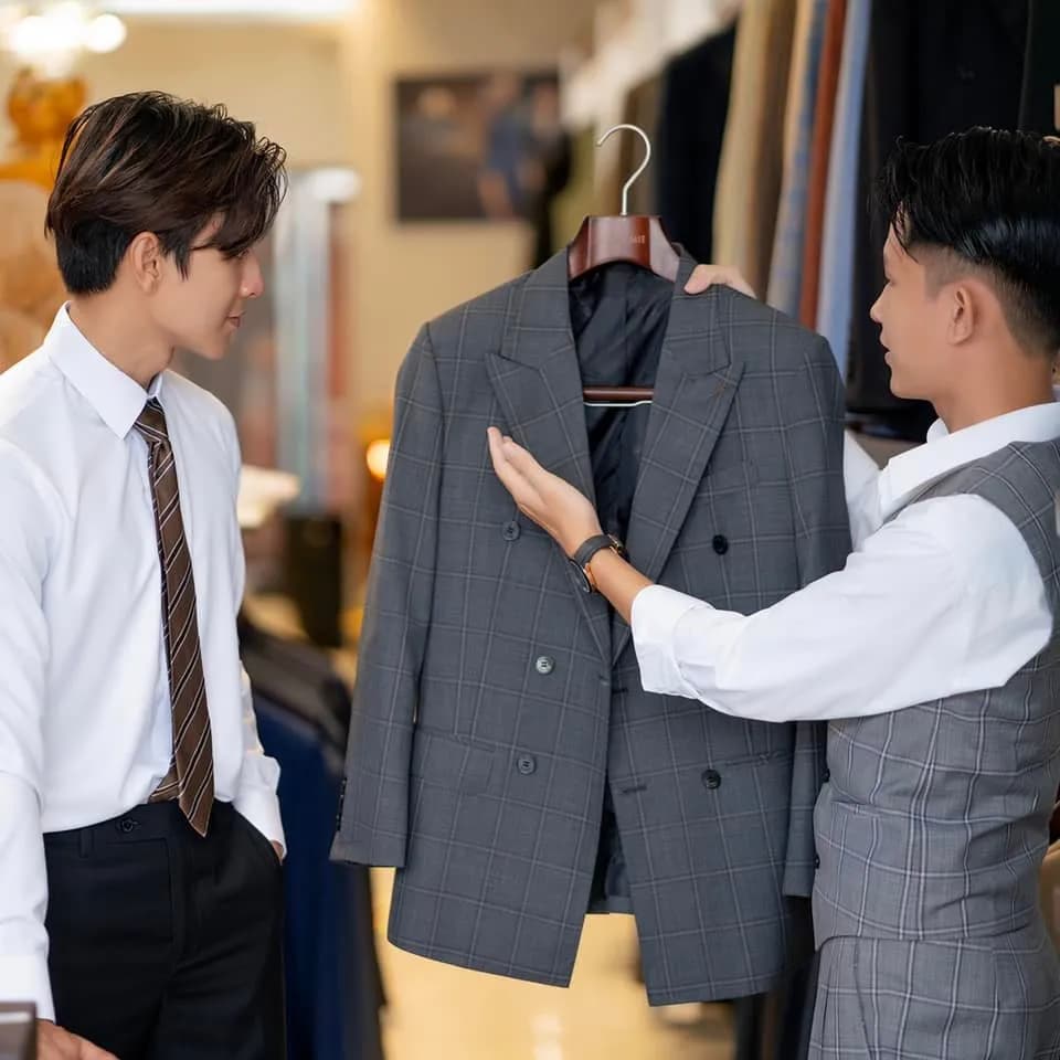 Thợ may giới thiệu áo vest xám ca-rô hai hàng treo móc cho khách