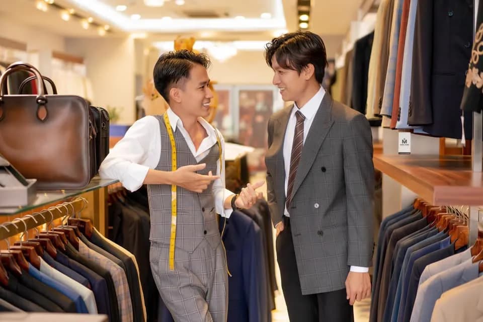 Thợ may đeo thước dây trò chuyện cùng khách mặc suit xám