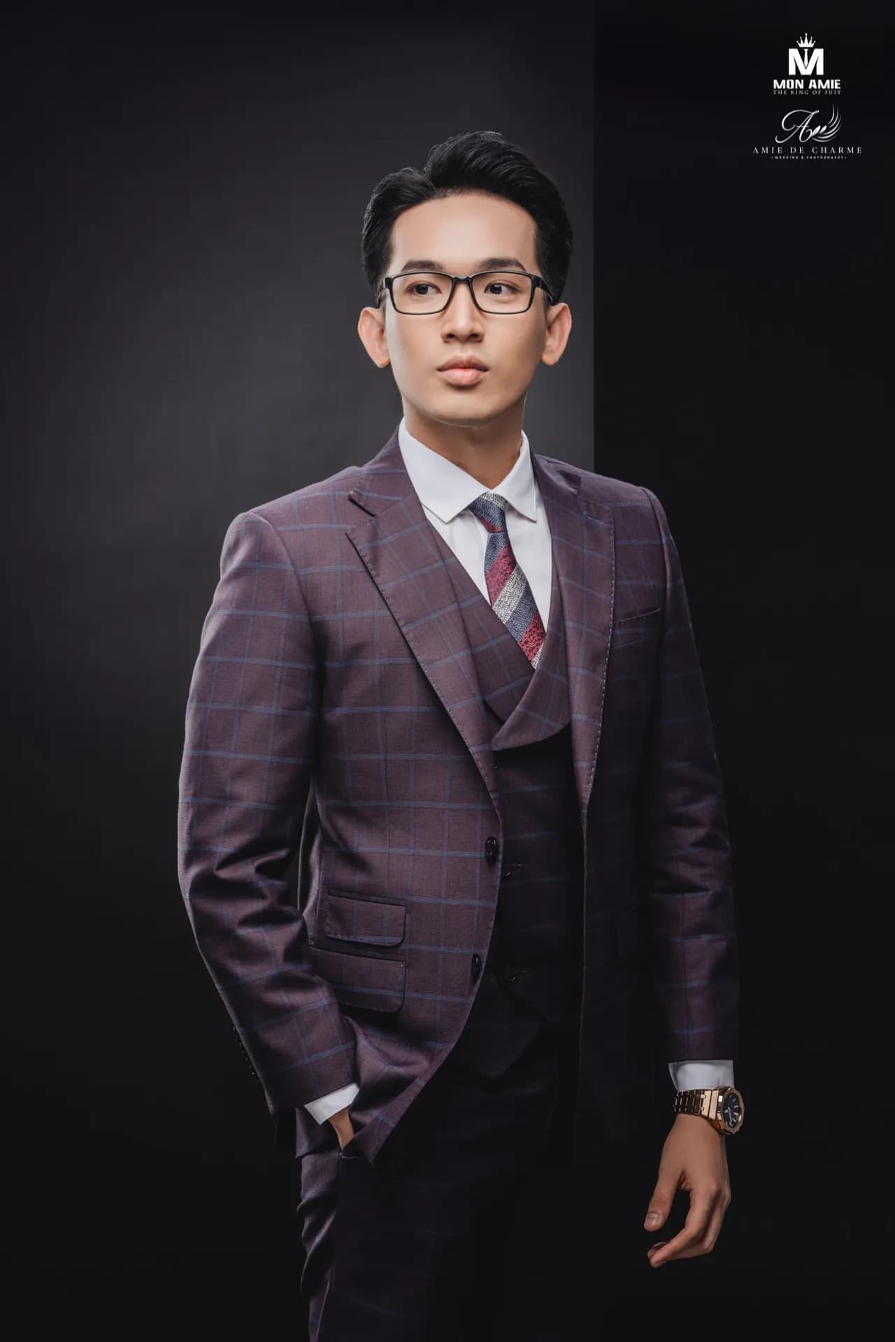 Suit ba mảnh tím than kẻ ô, cà vạt sọc, tay đút túi, chân dung nền tối