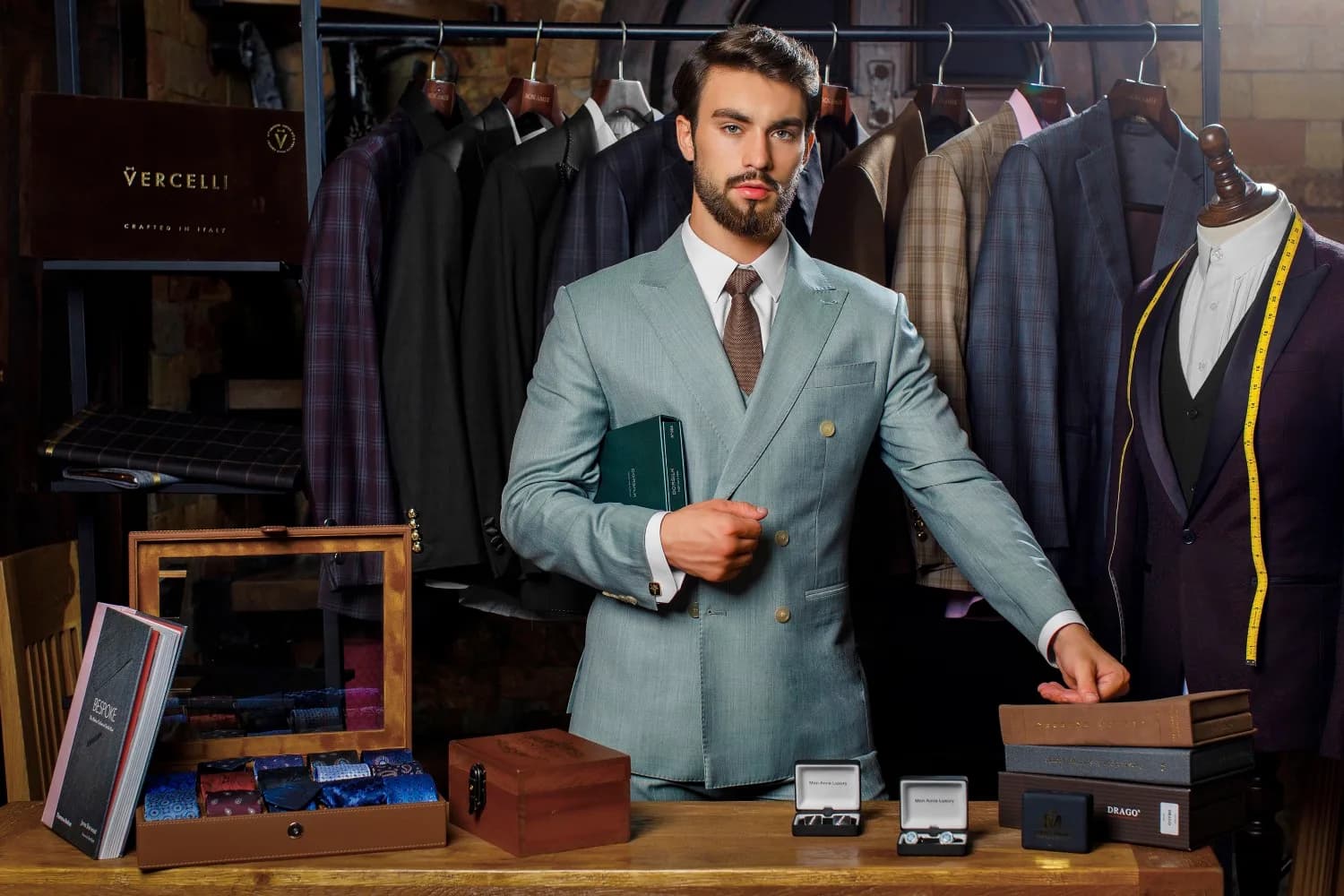 Suit xanh bạc hà hai hàng khuy trên quầy phụ kiện, cà vạt nâu