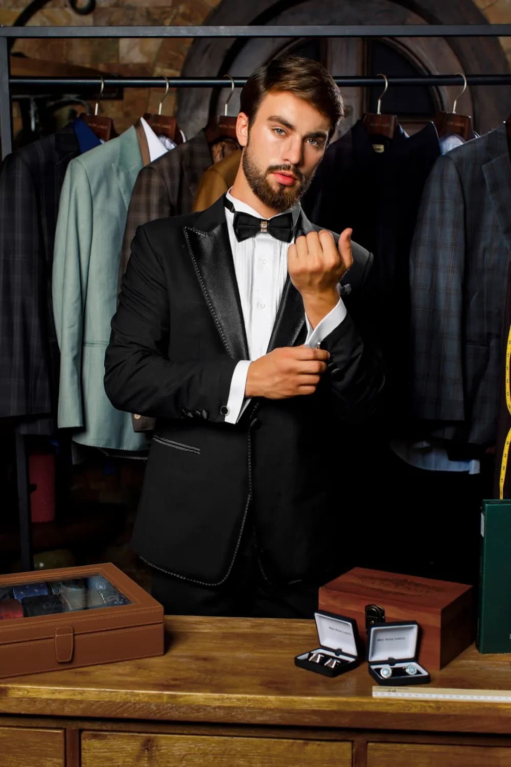 Tuxedo đen ve satin, nơ đen, chỉnh khuy măng sét bên bàn khuy cài