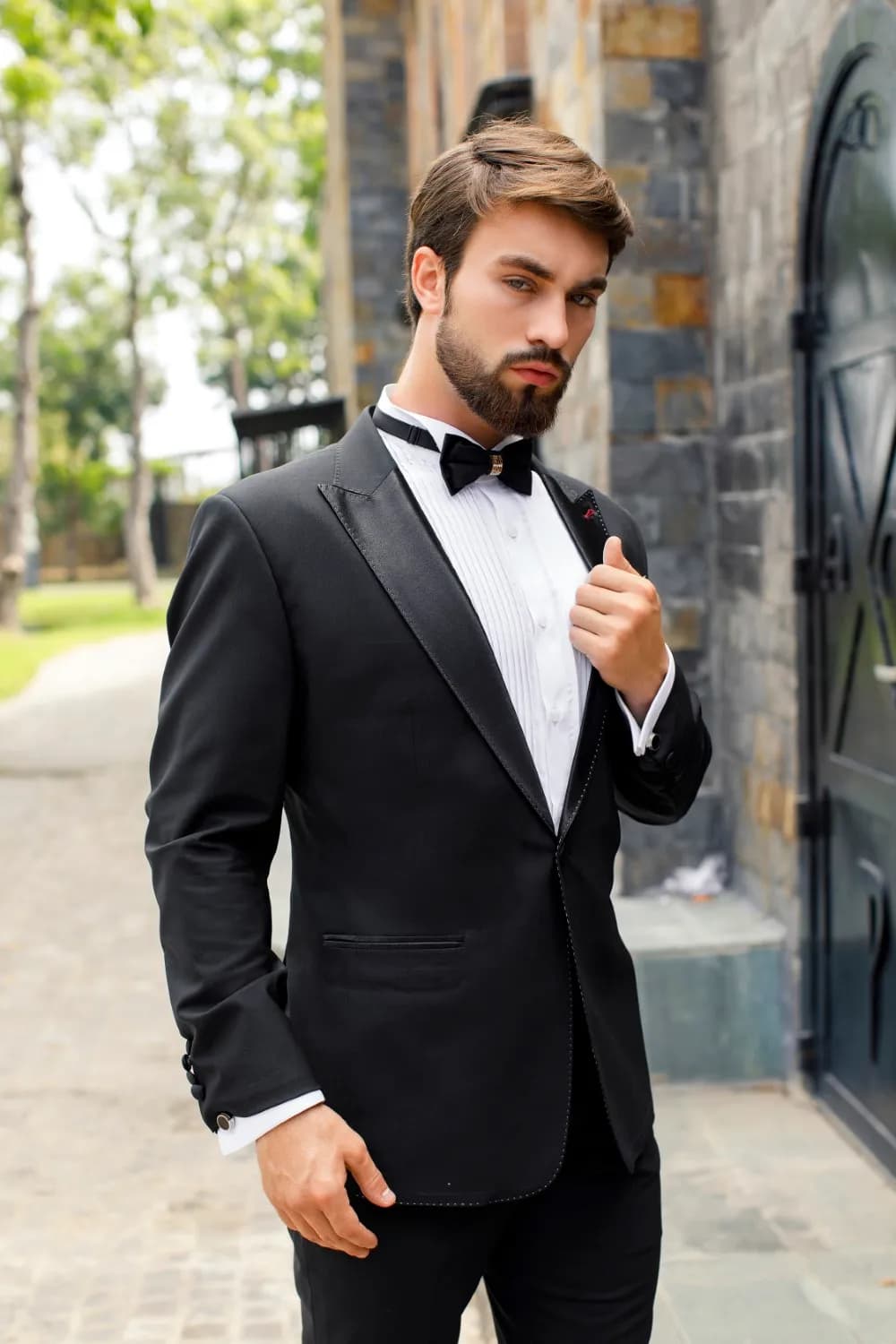 Tuxedo đen ve nhọn, nơ đen, chân dung cận cảnh trước cổng đá