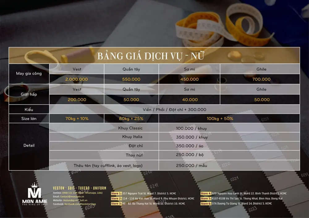 TỔNG HỢP CÁC BẢNG GIÁ TẠI MON AMIE .