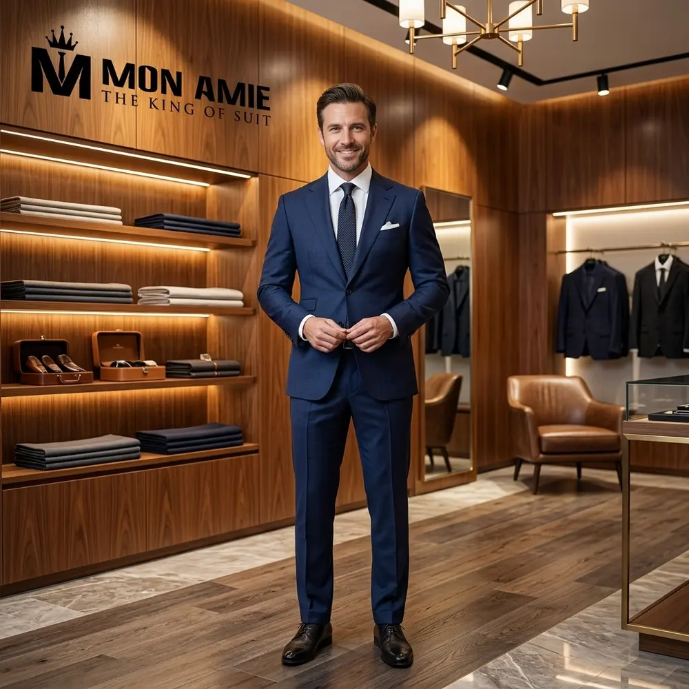 made-to-measure details of a three-piece wedding suit at Mon Amie