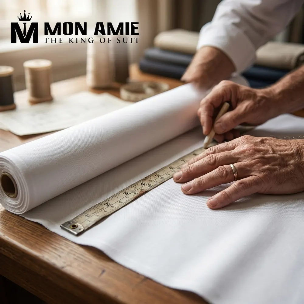 Craftsman measuring for a groom's shirt at Mon Amie