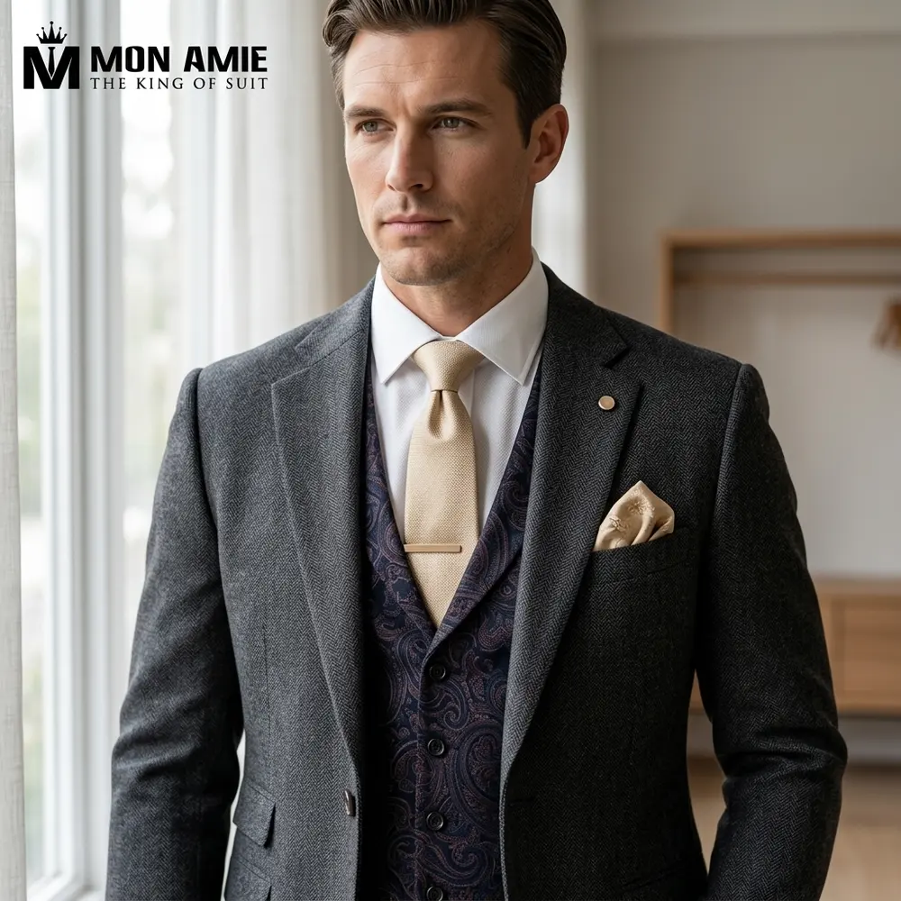 high-end three-piece wedding suit designed by Mon Amie