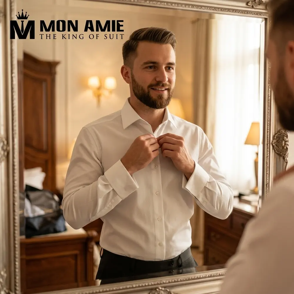 A polished groom's shirt on the wedding day
