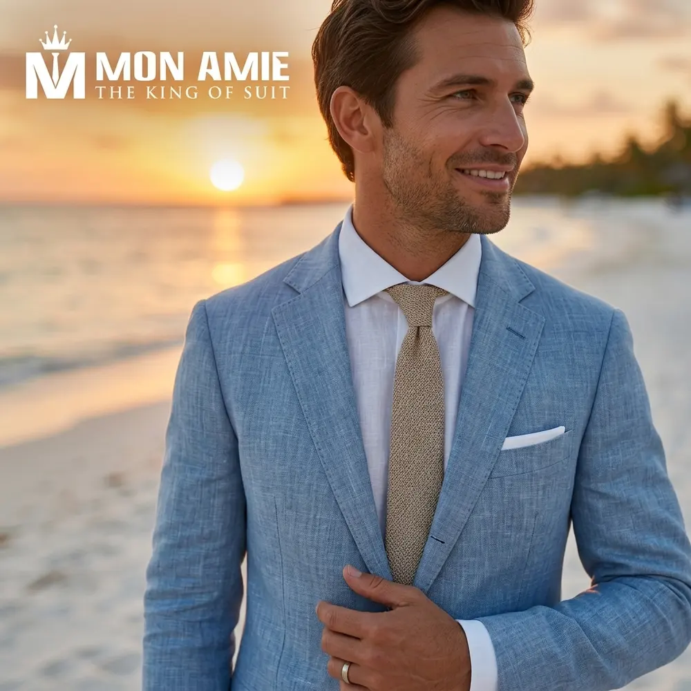 Breathable linen beach wedding suit for the groom