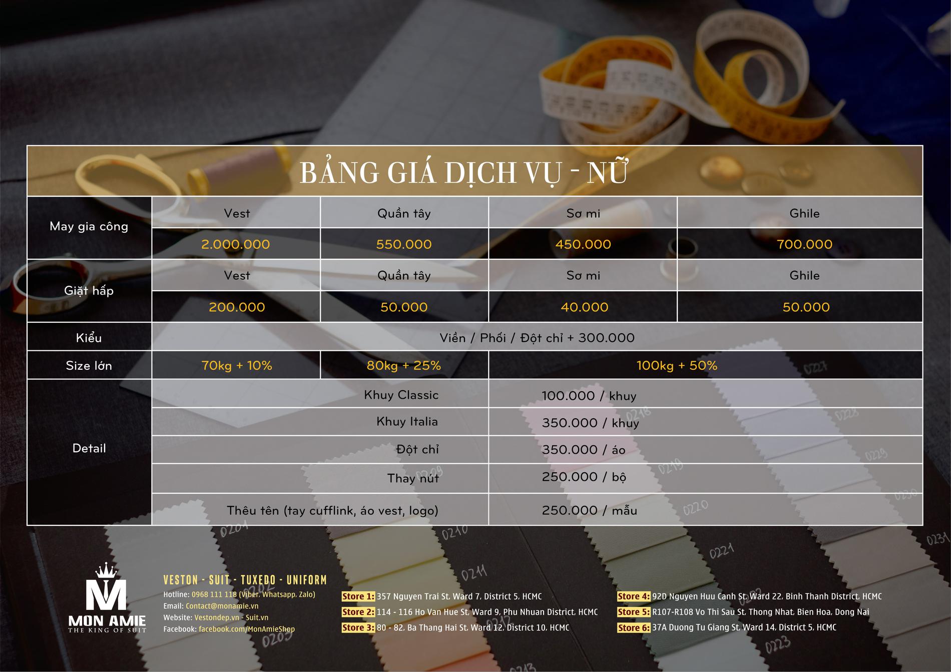 TỔNG HỢP CÁC BẢNG GIÁ TẠI MON AMIE .