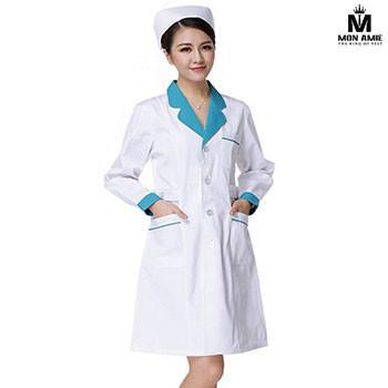 Đồng Phục Y Tá Màu Trắng Phối Ve Áo Màu Xanh Lơ DPYT002