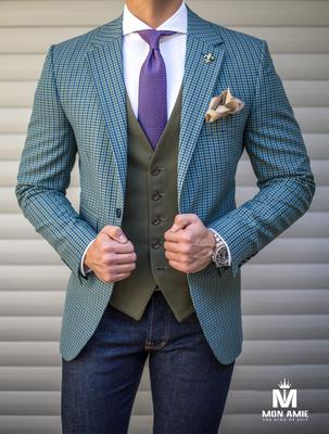 Áo Khoác Blazer Nam Xanh Caro - Cổ Ve Xuôi  - 2 Nút  - S4