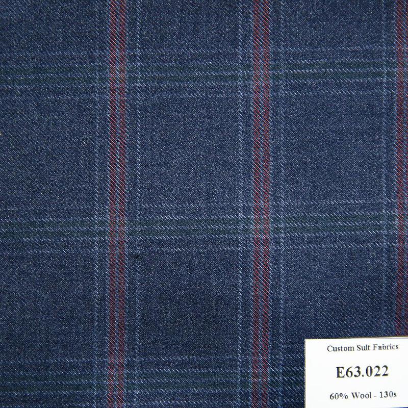 E63.022 Kevinlli V5 - Vải Suit 60% Wool - Xanh Navy Caro Đỏ