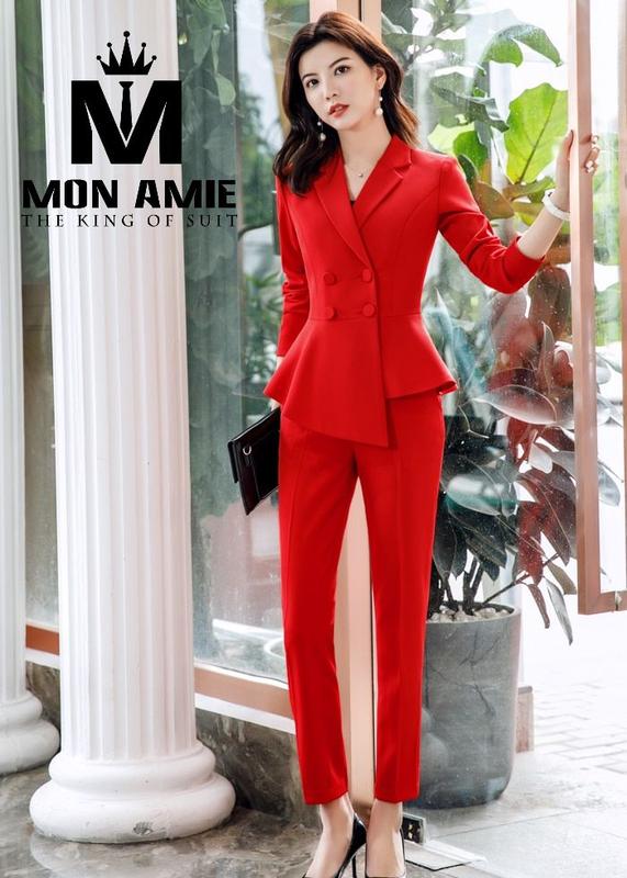 Set vest peplum quần tây màu đỏ