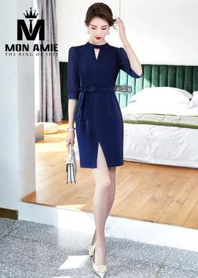 Váy xanh đen cổ khoét phối tay vone 