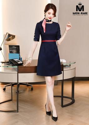 Váy xanh đen form A tay phối nút 