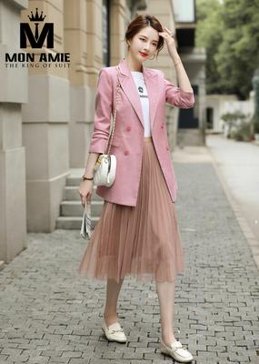 Blazer caro hồng pastel 4 nút cá tính