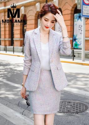 Set vest dạ tweed hồng pastel kẻ caro tiểu thư